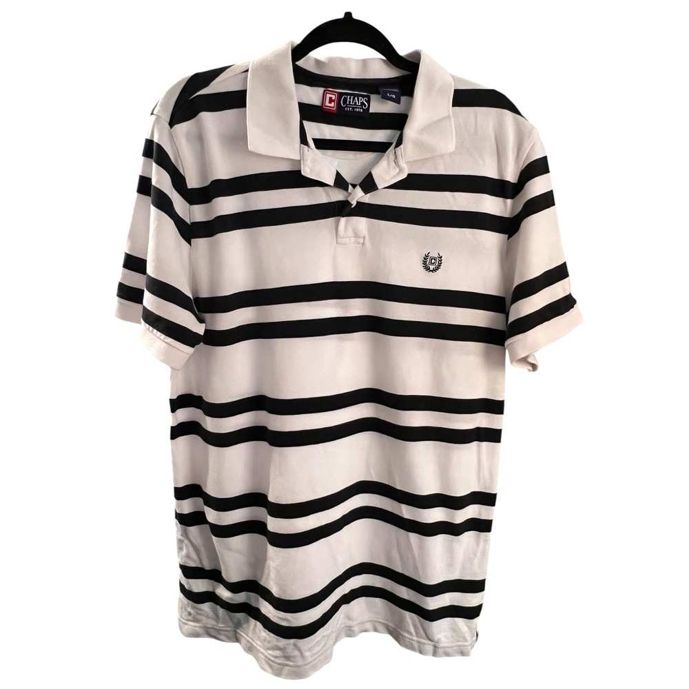Chaps Men's Striped Polo Shirt White Black Cotton Short Sleeve - Size Large